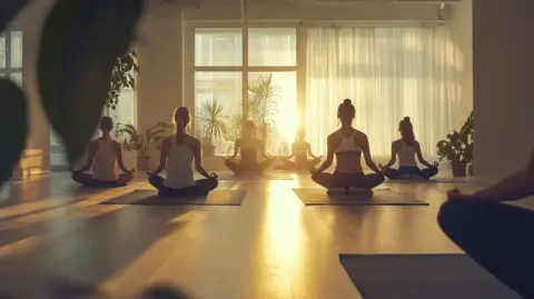 Peaceful yoga studio scene with diverse practitioners