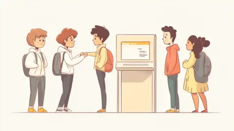 A cartoon illustration of people waiting in line with one person trying to cut ahead and another blocking them