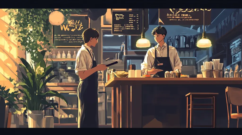 A customer requesting the check in English with a credit card ready in a neat anime style restaurant