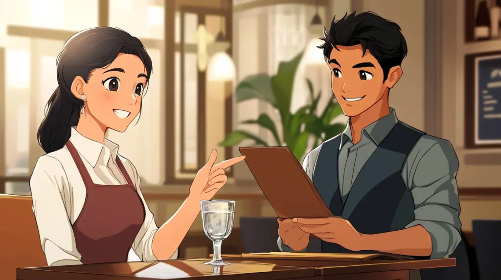 A diner studying an English menu and asking the waiter for suggestions in a cozy anime style setting