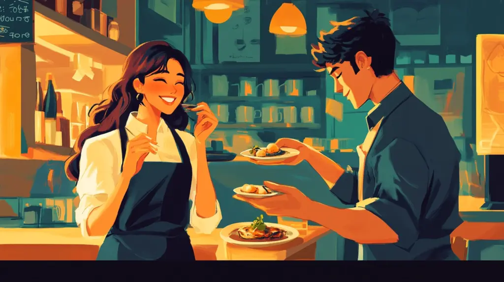 A diner tasting food and discussing its flavor with a waiter in a gentle anime style scene