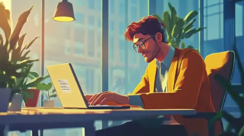 A friendly professional typing an email on a laptop in an animated office setting