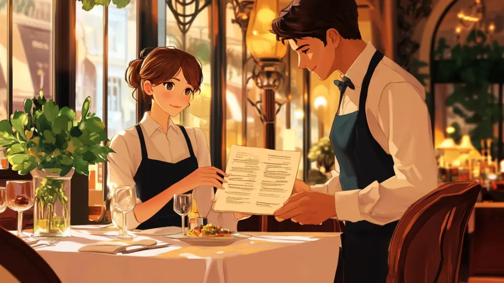 A guest placing an order in English from a menu in a friendly anime style restaurant scene