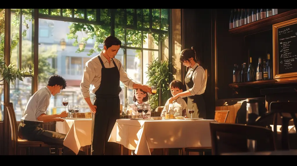 A polite waiter showing customers to their seats in a warm anime style restaurant