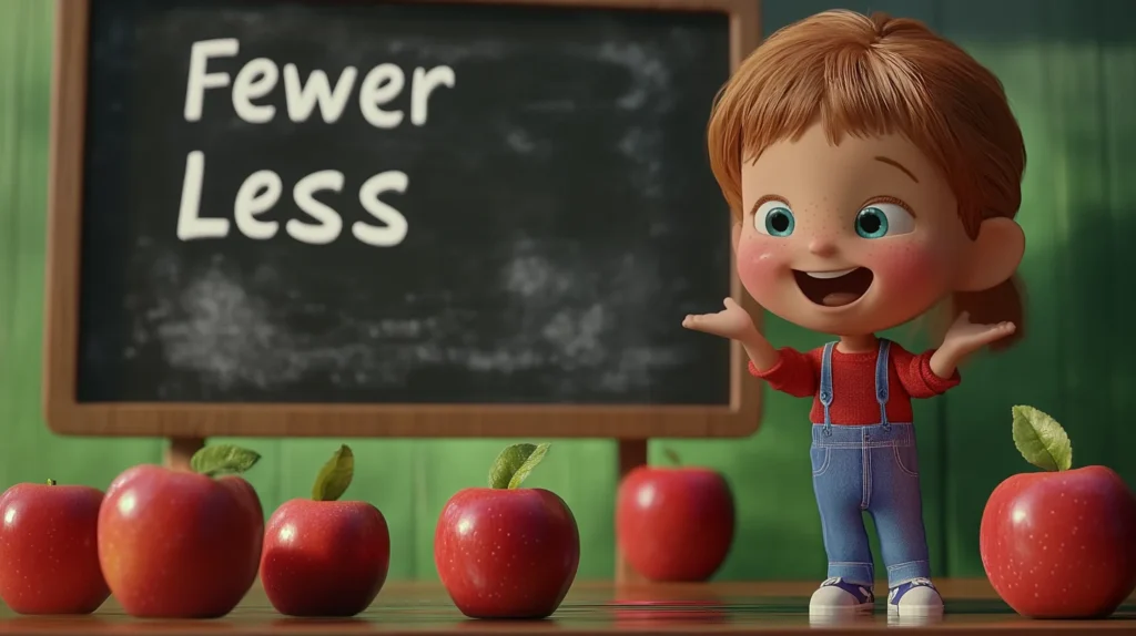 Animated character explaining Fewer vs. Less at a chalkboard