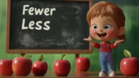 Animated character explaining Fewer vs. Less at a chalkboard