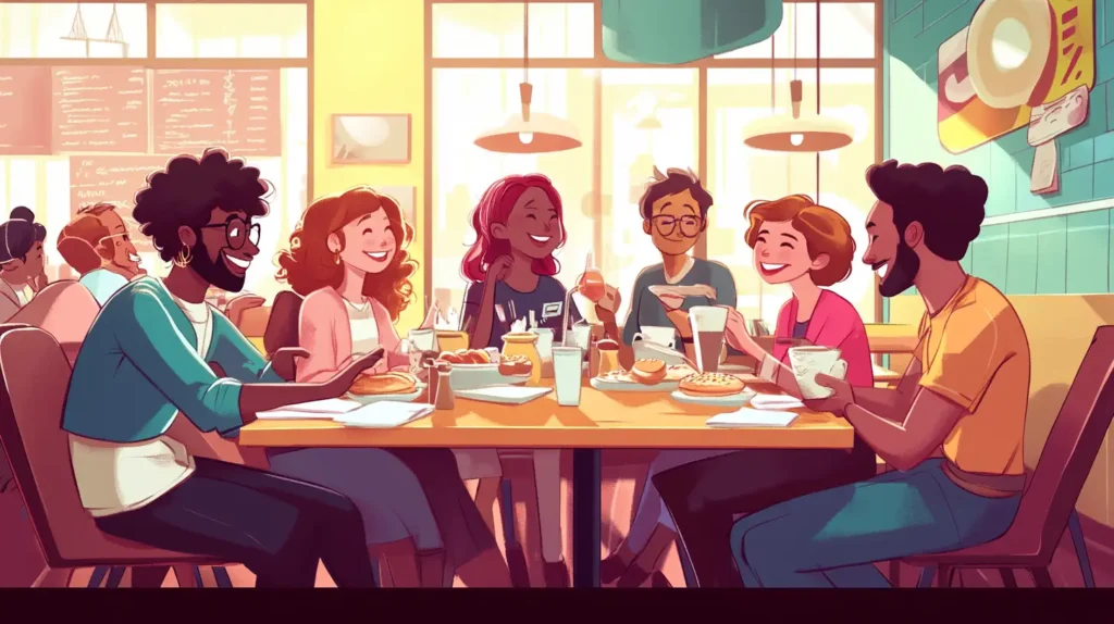 Cartoon illustration of a diverse group discussing food allergies in a restaurant