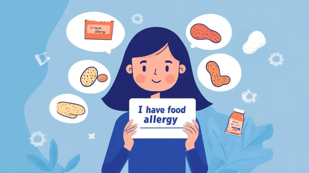 Illustration of a person holding a food allergy card with crossed out food icons