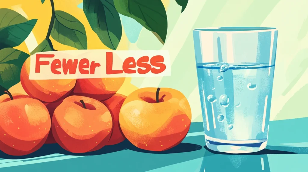 Infographic comparing Fewer with apples and Less with water