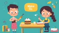 케이크를 만드는 캐릭터와 숙제하는 캐릭터가 등장하는 Make 와 Do 영어 학습 썸네일