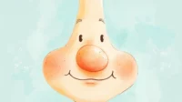 코딱지를 파는 귀여운 만화 코 그림, 주변에 'booger', 'pick nose' 와 같은 영어 단어들이 함께 있는 수채화 일러스트
