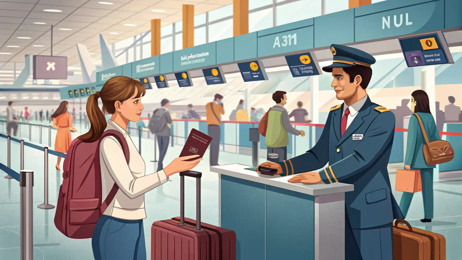 여행객이 공항 체크인 카운터 직원에게 여권을 건네며 대화하는 장면.