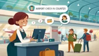공항 체크인 카운터에서 영어 표현을 배우는 것을 나타내는 밝고 긍정적인 일러스트레이션 이미지.