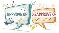 'approve of'와 'agree with'가 적힌 말풍선 두 개를 비교하며 차이점을 강조하는 이미지, 영어 표현 학습 썸네일