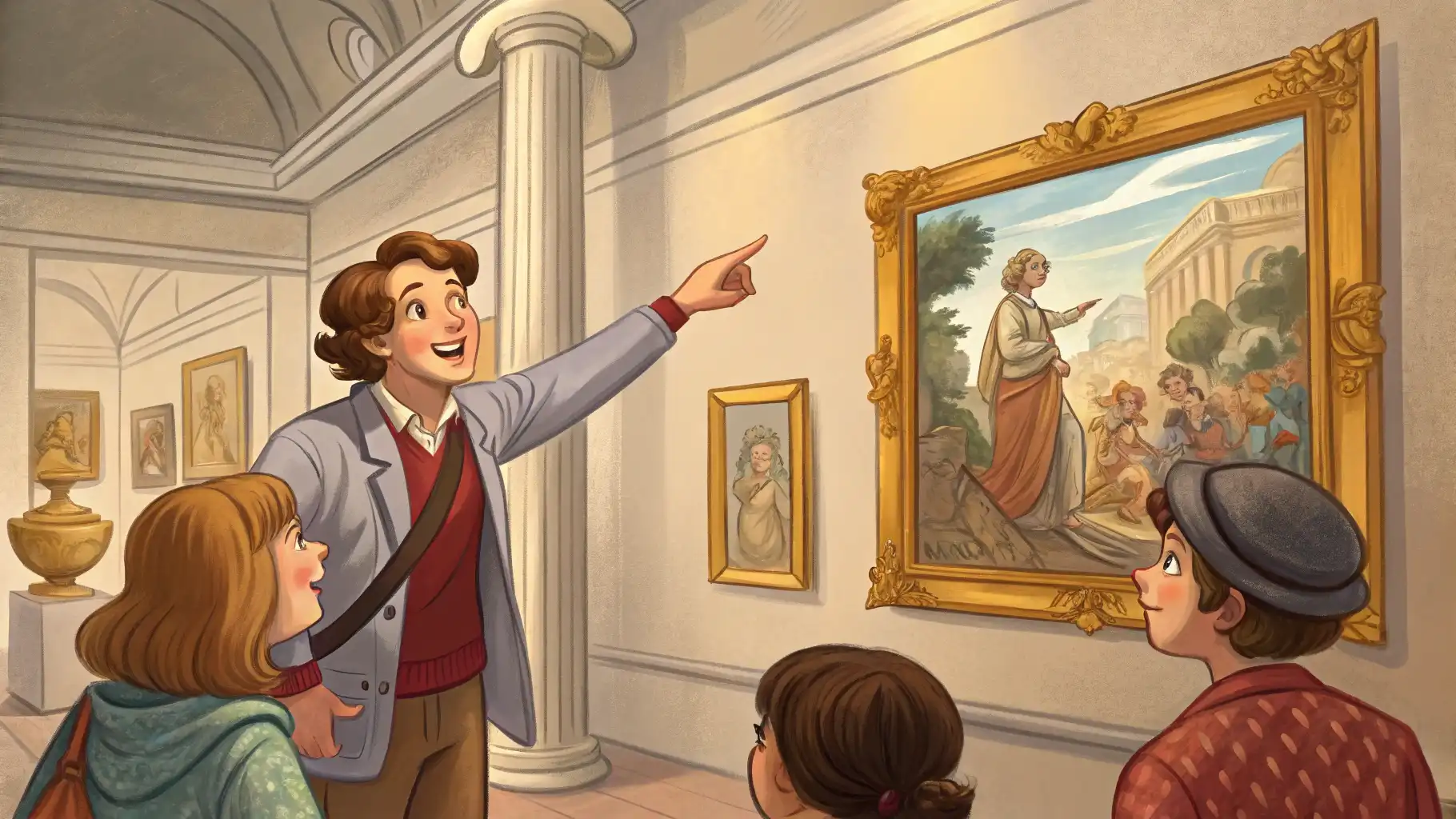 관광객이 박물관 가이드에게 그림에 대해 영어로 질문하고 가이드가 설명해주려는 장면.