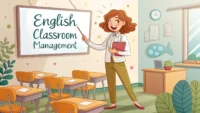 교실 칠판 앞에서 'English Classroom Management'라고 쓰인 것을 가리키는 선생님과 'Quiet, please!', 'Listen!' 같은 영어 표현 말풍선이...