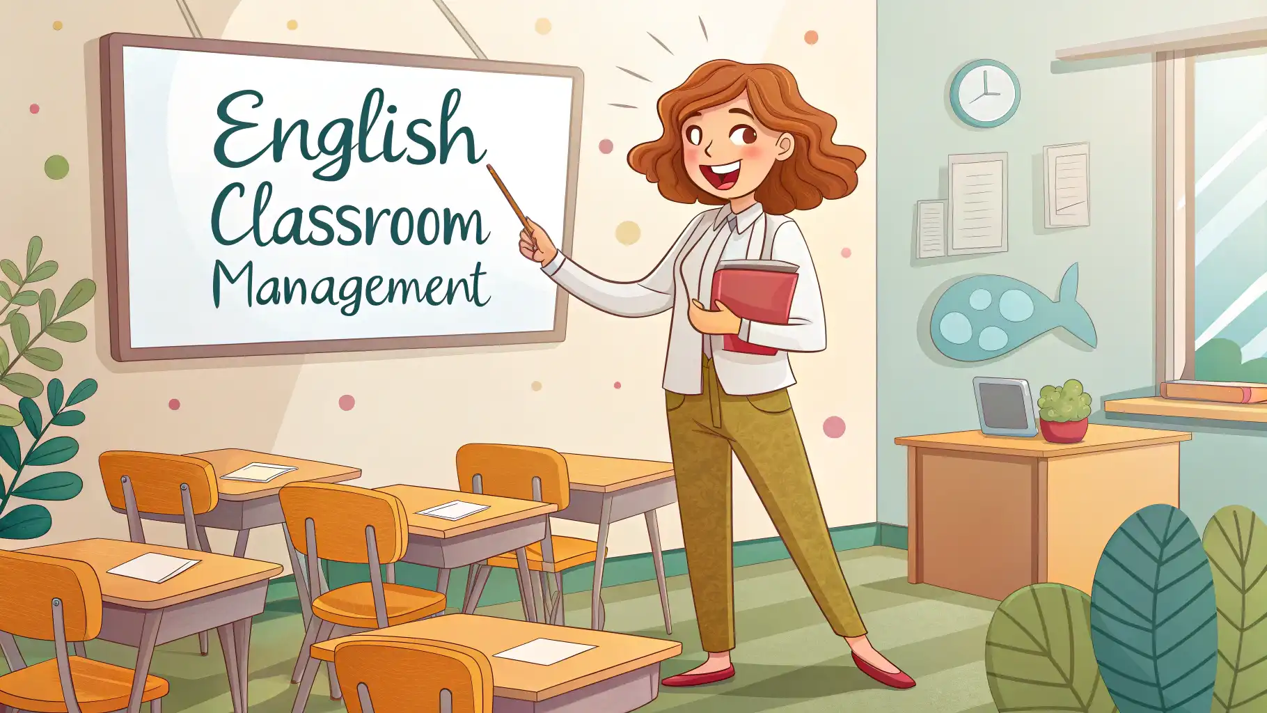 교실 칠판 앞에서 'English Classroom Management'라고 쓰인 것을 가리키는 선생님과 'Quiet, please!', 'Listen!' 같은 영어 표현 말풍선이...