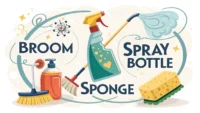 청소 도구 아이콘과 "Could you clean...?"과 같은 영어 요청 표현이 담긴 말풍선이 어우러진 이미지, 청소 요청 영어 배우기 컨셉 시각화.