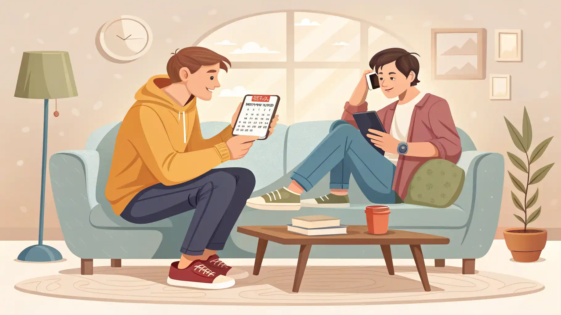 친구 두 명이 대화하는 모습. 한 명이 미안한 표정으로 약속을 미루는 듯한 제스처를 취하며 'put off'와 'put out'이 사용되는 영어 대화 상황을 묘사하는 그림.