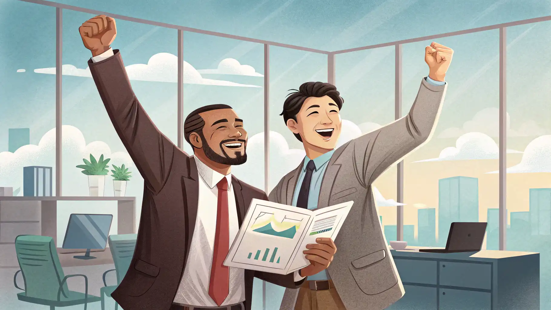동료들이 성공적인 프로젝트 결과를 축하하며 'Thanks to'를 사용하여 긍정적인 기여에 대해 이야기하는 영어 대화 장면 삽화.