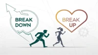 'Break down'과 'Break up' 영어 표현의 차이를 보여주는 이미지: 왼쪽에는 고장 난 기계 아이콘과 'Break down' 텍스트, 오른쪽에는 깨진 하트 아이콘과 '...