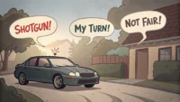 자동차 앞자리를 두고 다툴 때 사용하는 영어 표현 "Shotgun!", "My turn!" 등이 말풍선으로 떠 있는 일러스트 이미지.