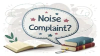 늦은 밤 시끄러운 이웃 문제로 힘들어하며 귀를 막고 있는 사람과 'Noise Complaint?'라고 적힌 말풍선, 영어 사전이 함께 있는 이미지 - 집주인에게 영어로 불만 제기하...