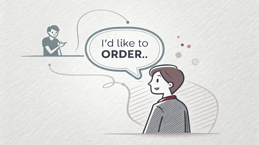 식당 메뉴 아이콘 위에 "I'd like to order..." 영어 표현이 적힌 말풍선이 떠 있는 이미지 - 영어로 음식 주문하기 학습 콘텐츠 썸네일