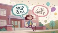 수업 땡땡이 관련 영어 표현 배우기 콘셉트의 이미지. 'skip class', 'I feel guilty' 같은 영어 문구가 말풍선 안에 떠 있다.
