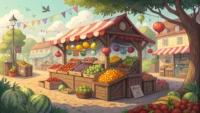 주말 장터 농산물 가판대 위로 "Bulk discount?", "How much?" 같은 영어 표현이 적힌 말풍선이 떠 있는 모습, 영어 표현 학습을 나타내는 이미지.