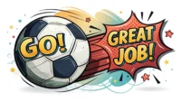 활기찬 축구공 주변으로 "Go!", "Great Job!"과 같은 영어 응원 표현들이 터져 나오는 교육적 느낌의 일러스트레이션.