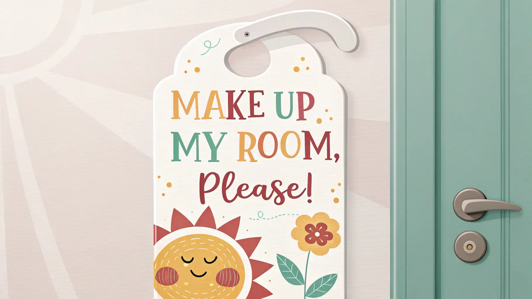 호텔 방 청소 요청 영어 표현 배우기 - 'Make up my room' 문구가 적힌 문걸이 그림