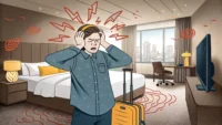 호텔 방 소음으로 괴로워하며 귀를 막고 있는 여행객과 'Request a quieter room?' 영어 표현이 적힌 말풍선 그림.
