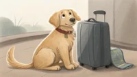 여행 가방 옆에 앉아 "Pet-friendly?" 영어 문구가 적힌 말풍선을 바라보는 귀여운 강아지 이미지, 호텔에서 반려동물 동반 가능 여부를 영어로 묻는 표현 학습 콘텐츠 썸네...