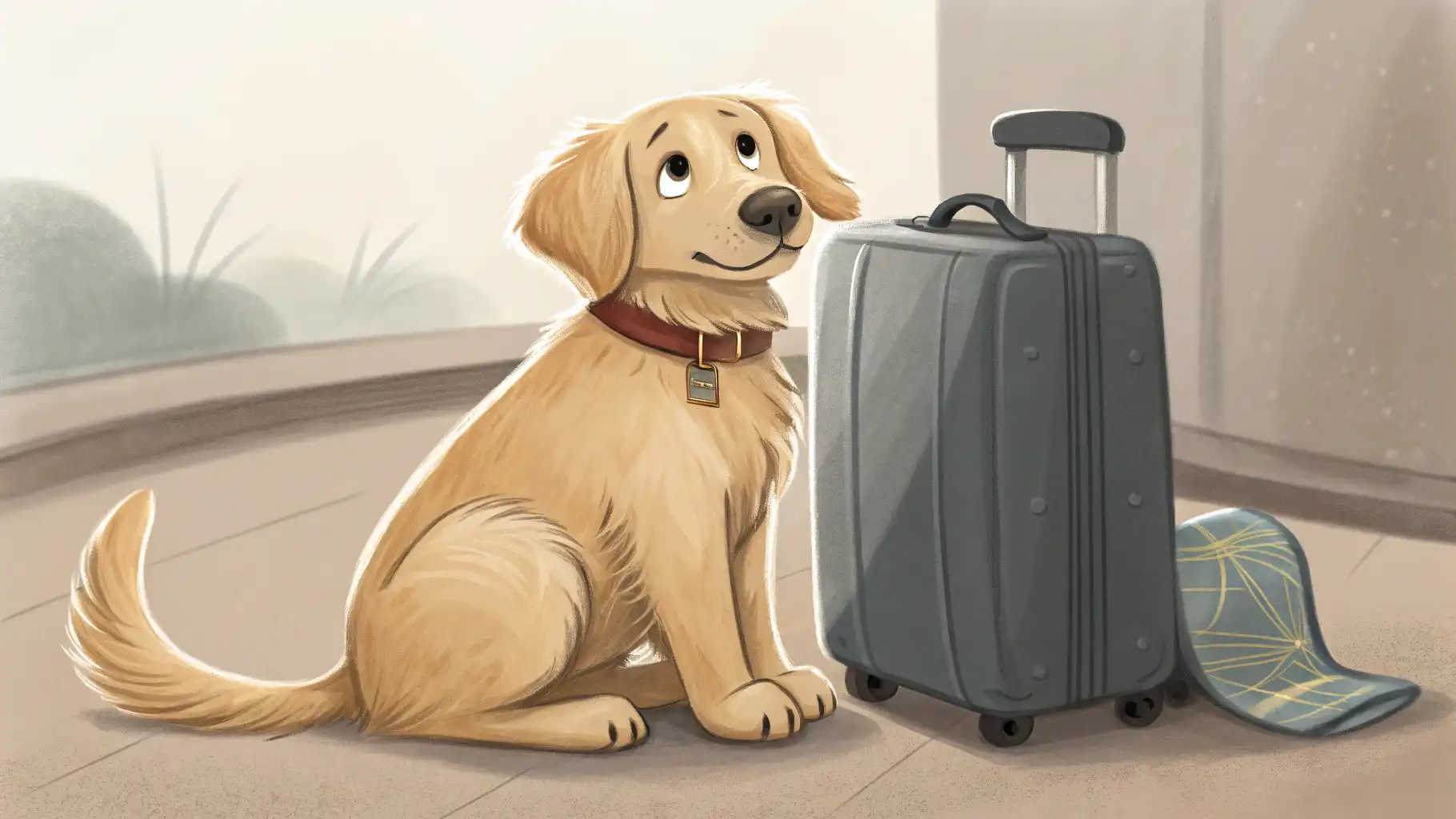 여행 가방 옆에 앉아 "Pet-friendly?" 영어 문구가 적힌 말풍선을 바라보는 귀여운 강아지 이미지, 호텔에서 반려동물 동반 가능 여부를 영어로 묻는 표현 학습 콘텐츠 썸네...