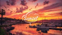 아름다운 항구의 일몰 배경 위에 "Best sunset spot?"라고 적힌 말풍선과 영어 학습을 상징하는 아이콘이 있는 이미지.