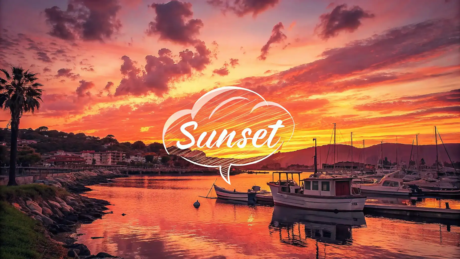 아름다운 항구의 일몰 배경 위에 "Best sunset spot?"라고 적힌 말풍선과 영어 학습을 상징하는 아이콘이 있는 이미지.