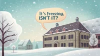 추운 아침 버스 정류장을 배경으로 영어 회화 표현 "It's freezing, isn't it?"이 적힌 말풍선 이미지.