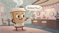 카페 배경 속 영어 학습을 상징하는 아이콘과 "Weekend plans?" 말풍선이 있는 커피잔 일러스트레이션.