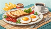 호텔 조식 메뉴와 'Breakfast', 'Order?' 영어 단어가 함께 있는, 영어로 조식 주문 배우기 관련 이미지
