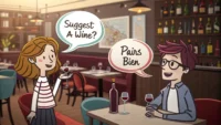 고급 레스토랑 테이블 위 와인잔과 메뉴 옆으로 "Suggest a wine?", "Pairs beautifully with..." 같은 영어 표현이 적힌 말풍선이 떠 있는 교육적인...