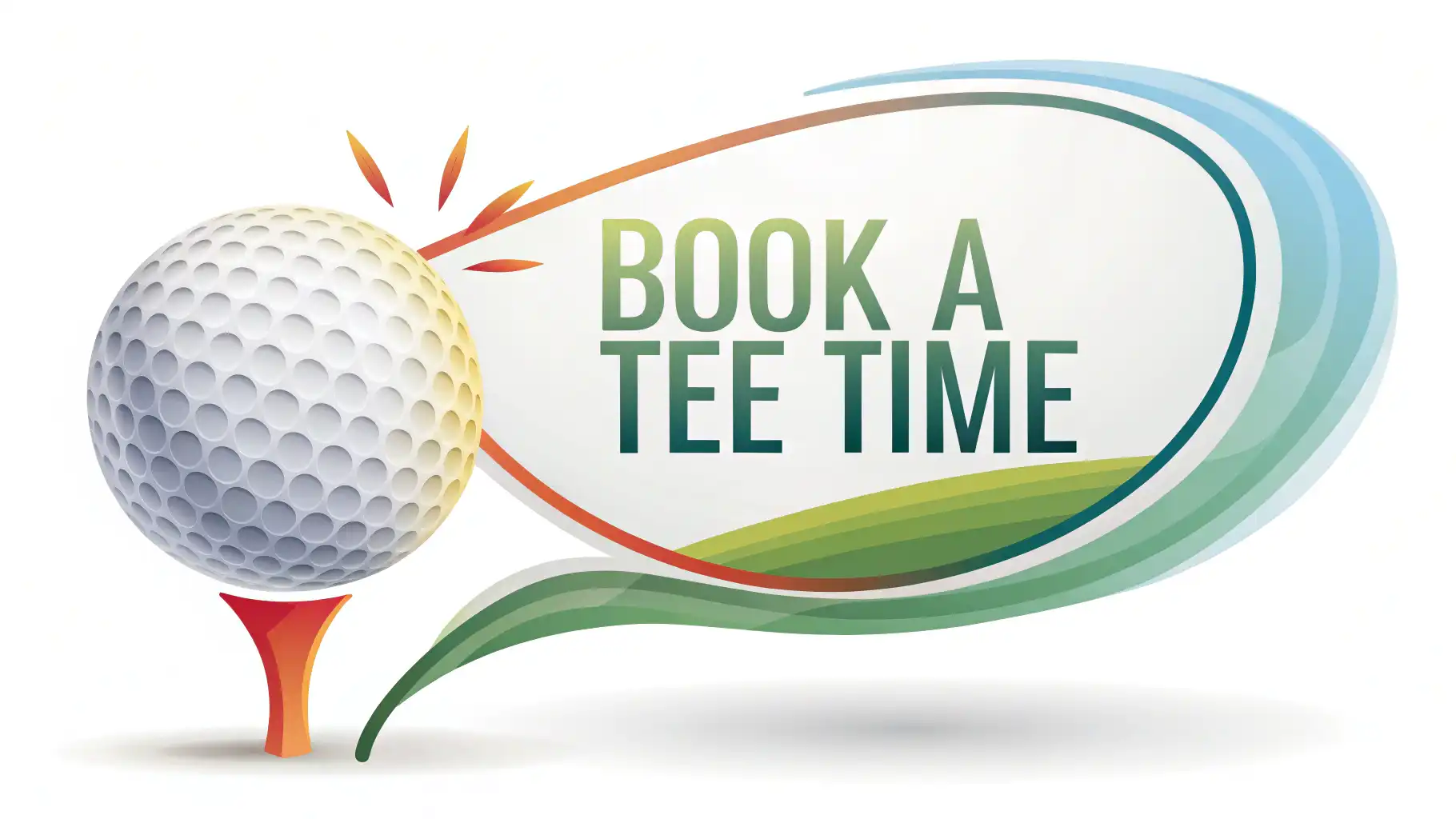 골프공이 영어 말풍선으로 변하며 'Book a tee time?' 문구가 보이는, 골프 예약 영어 표현 학습을 나타내는 이미지.