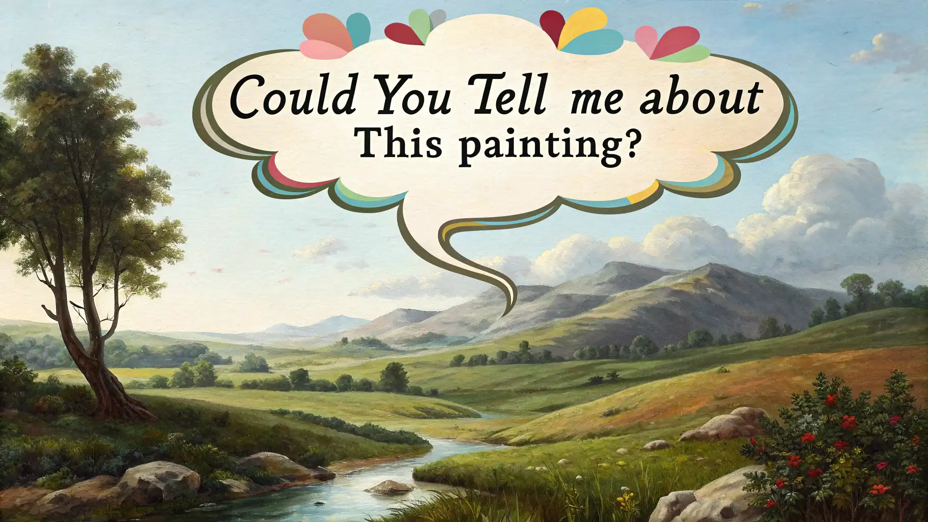 박물관 그림 앞에서 영어 질문 표현이 담긴 말풍선이 떠 있는 이미지, 영어 학습 컨셉 강조.