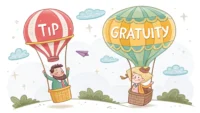 골프장에서 팁 관련 영어 단어 'Tip'과 'Gratuity'를 배우는 것을 나타내는 이미지