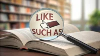 돋보기로 영어 단어 'like'와 'such as'를 자세히 들여다보는 이미지, 영어 표현 학습 강조.
