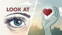 눈 아이콘("Look at")과 식물을 돌보는 손 아이콘("Look after")으로 두 영어 표현의 차이를 시각적으로 설명하는 이미지.