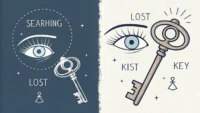 돋보기와 열쇠 아이콘으로 'Look for'와 'Look into'의 차이를 시각적으로 보여주는 영어 학습 이미지