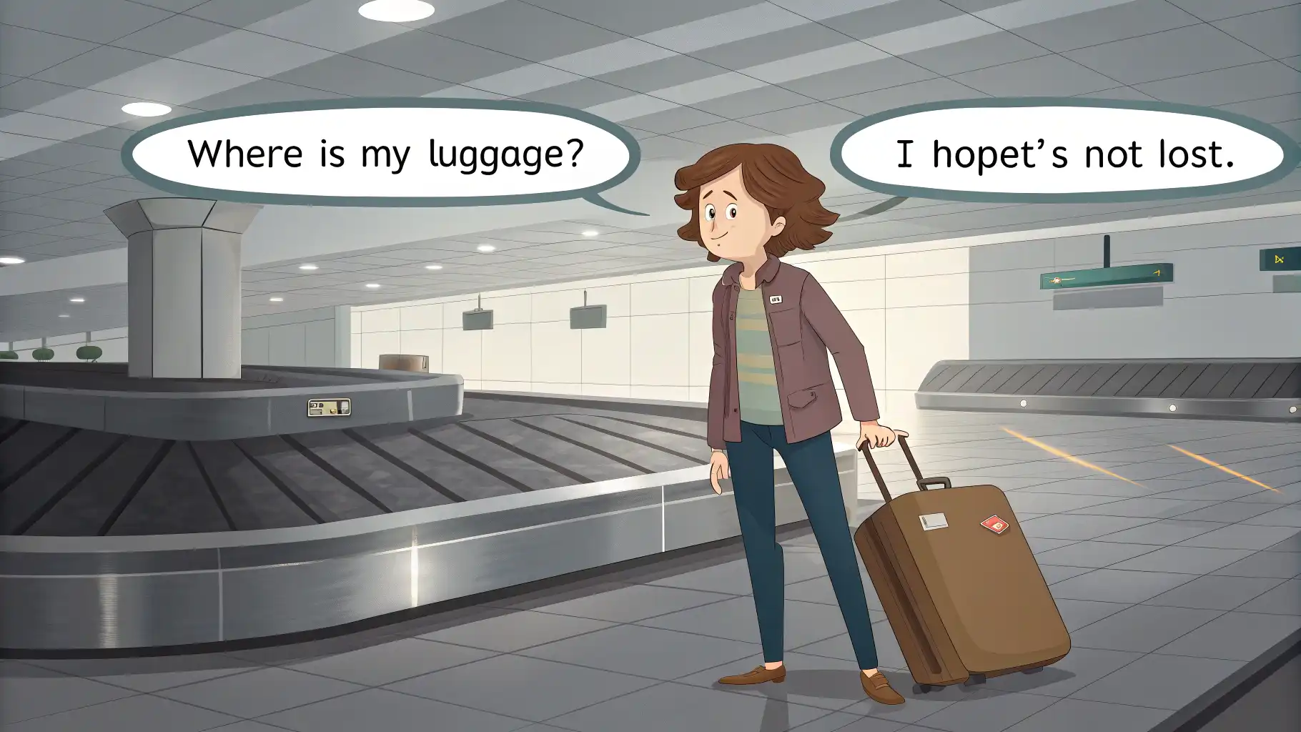텅 빈 수하물 컨베이어 벨트 앞에서 걱정하는 여행객과 'Lost Baggage?', 'Where is my bag?' 같은 영어 표현 말풍선이 떠 있는 일러스트 이미지.