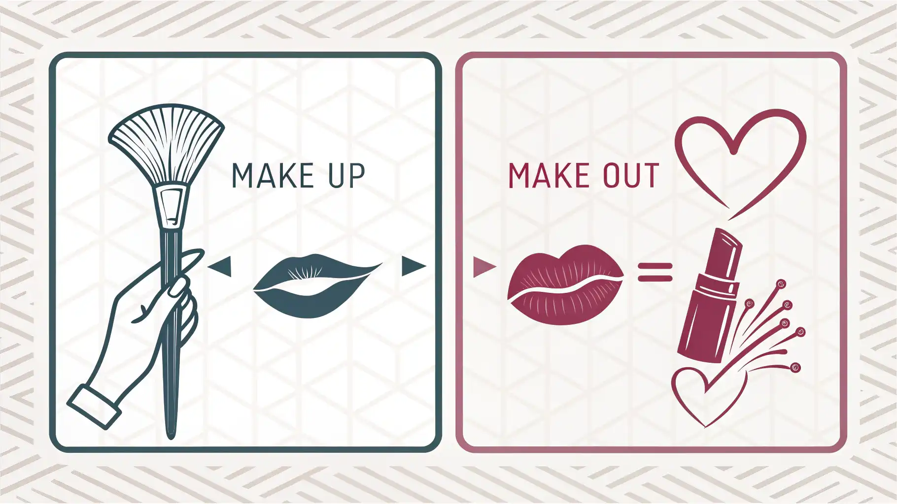 헷갈리는 영어 표현 Make up과 Make out의 의미 차이를 보여주는 아이콘과 물음표 이미지