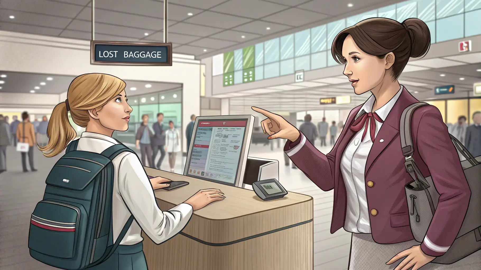 공항 분실 수하물 센터에서 직원의 설명을 들으며 수하물 표를 들고 걱정스럽게 문의하는 여행객의 모습.